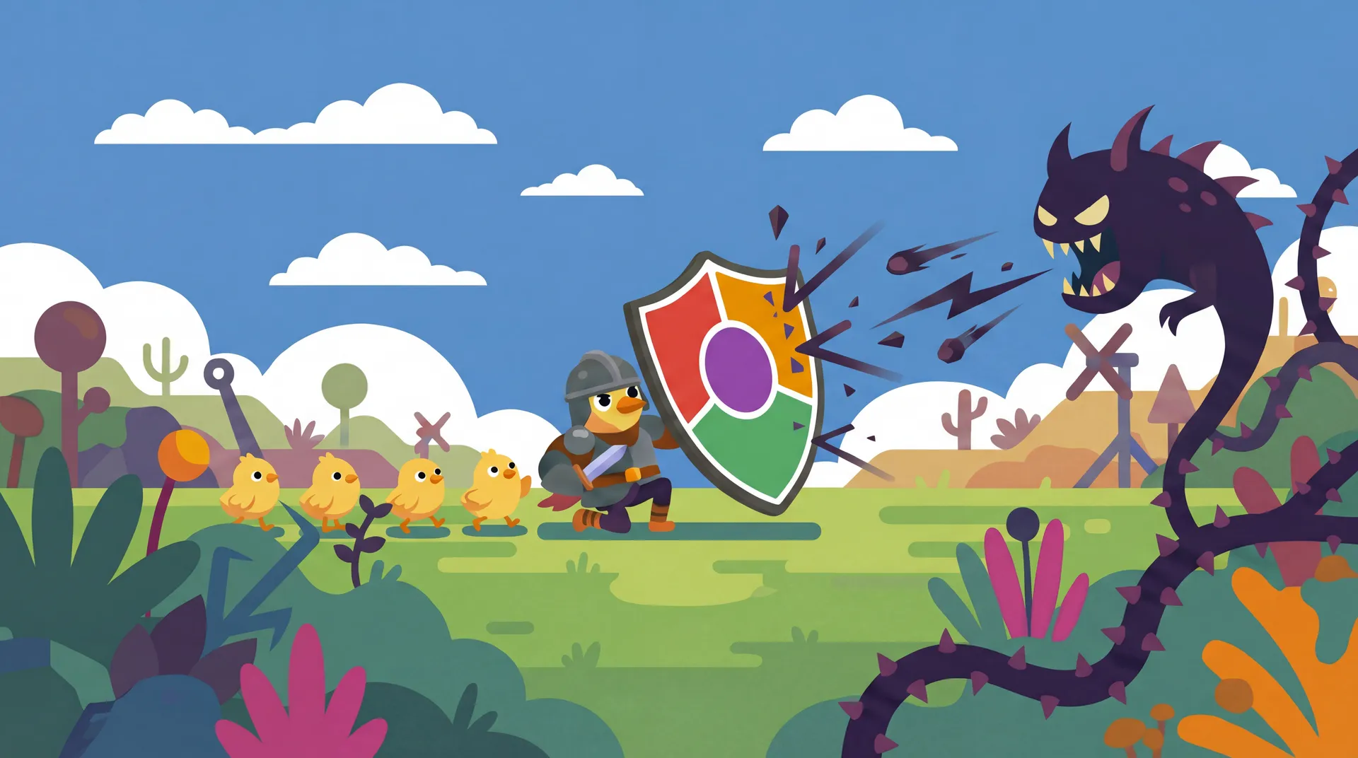 두 명의 기사가 모닥불 앞에서 무릎을 꿇고 있고, 그 위에 화려한 색상의 방패가 떠 있는 장면