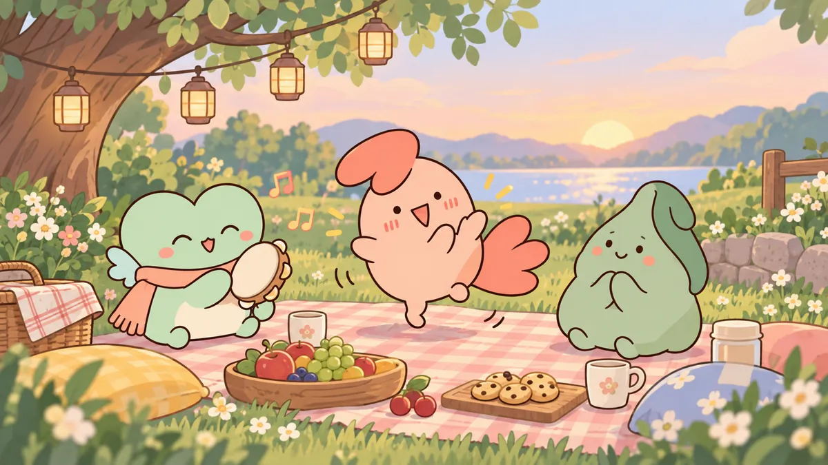 ESFP 마스코트가 정원 소풍에서 친구들과 리듬을 나누며 춤추는 장면