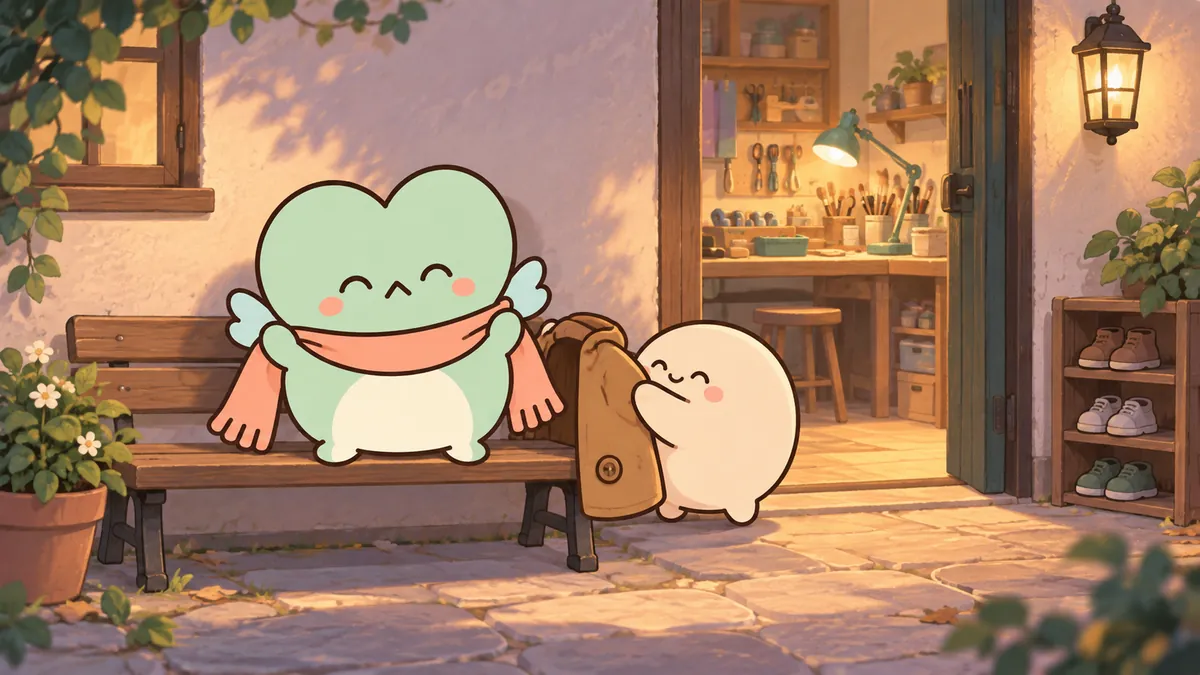 공방 정리를 친구에게 맡기고 복도 벤치에서 잠시 쉬는 ENFJ 마스코트