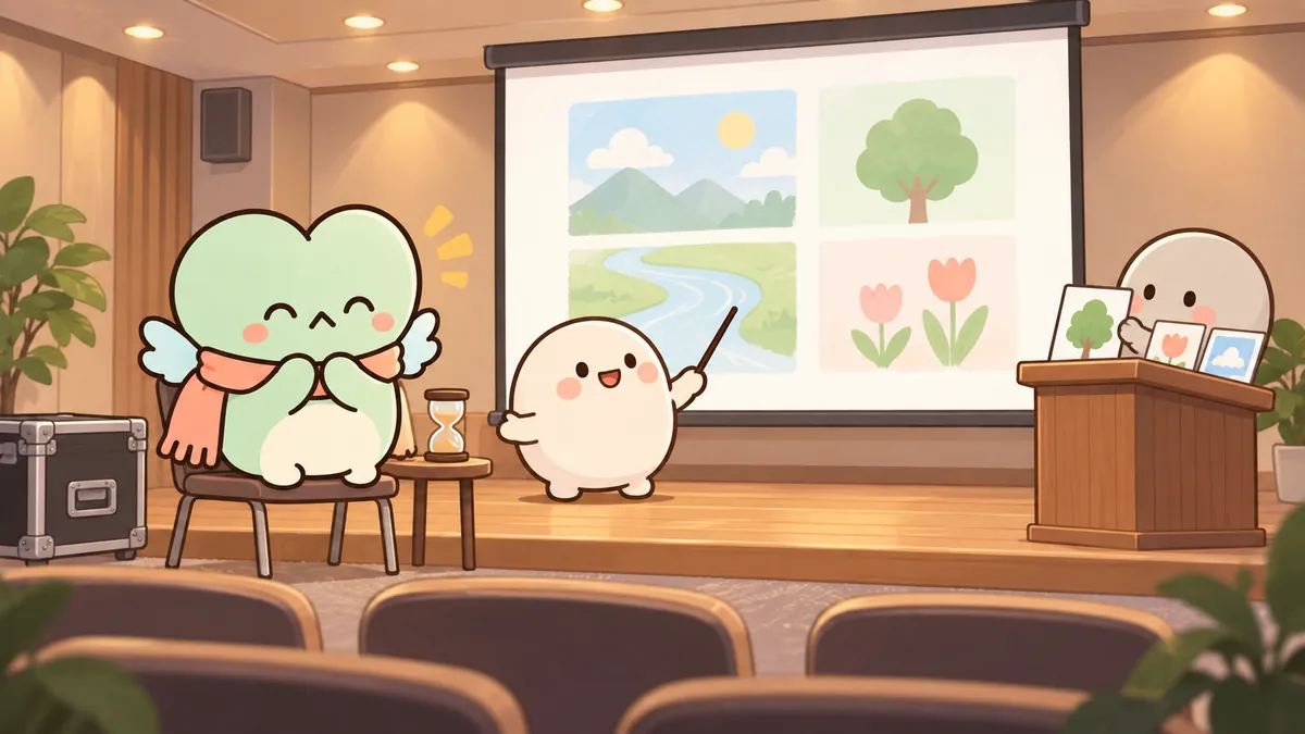 빈 발표실에서 동료의 연습 시간을 확인하고 순서를 함께 조정하는 ENFJ 마스코트