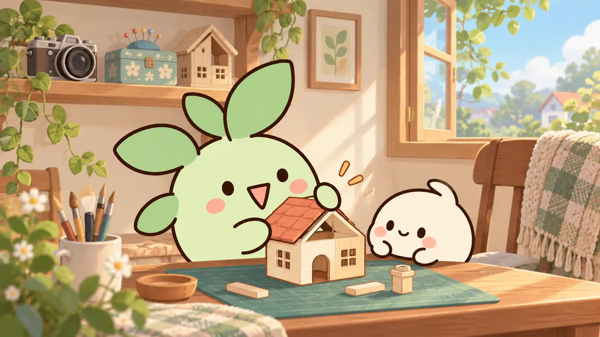취미 선반 앞에서 오늘 할 모형의 지붕 한 조각만 붙이는 ENFP 마스코트