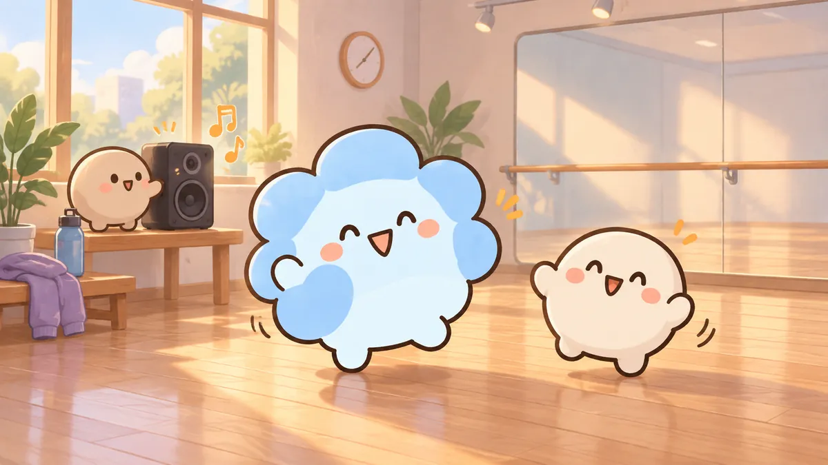 작은 연습실에서 춤을 추는 친구와 음악을 고르는 친구가 함께 어울리도록 돕는 ESFJ 마스코트