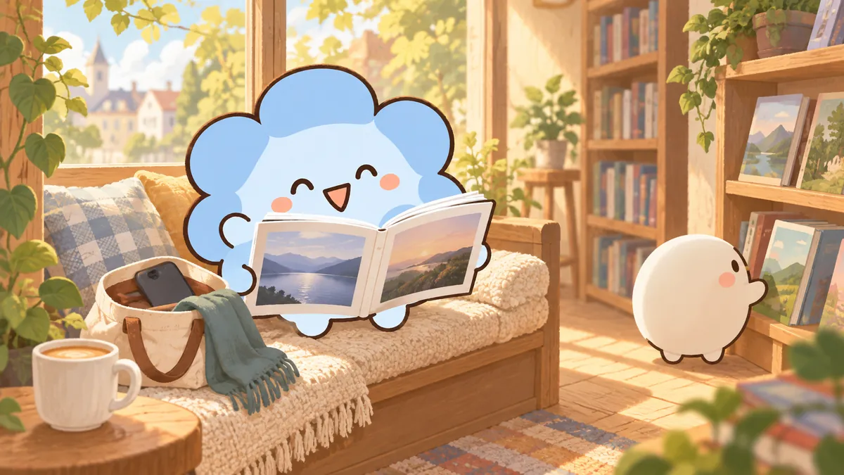 독립서점 창가에서 답장 확인을 미루고 친구와 각자 책을 보며 쉬는 ESFJ 마스코트