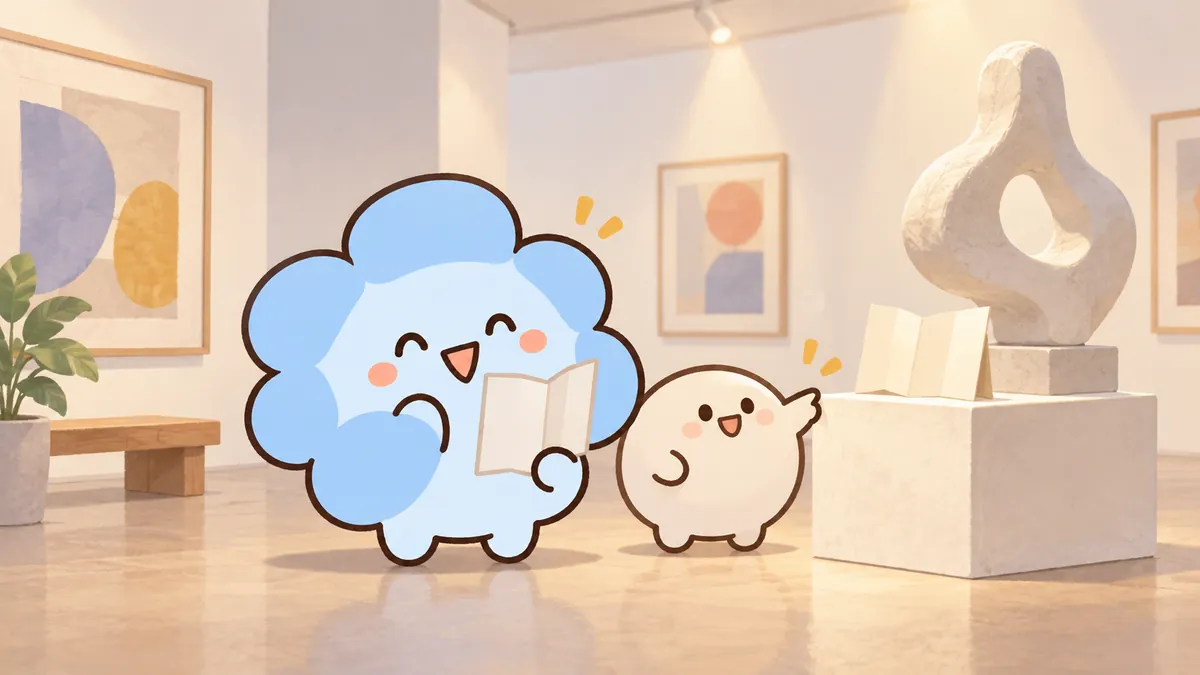 작은 전시실에서 친구에게 해설을 연습한 뒤 안내 자료 만들기에도 관심을 보이는 ESFJ 마스코트