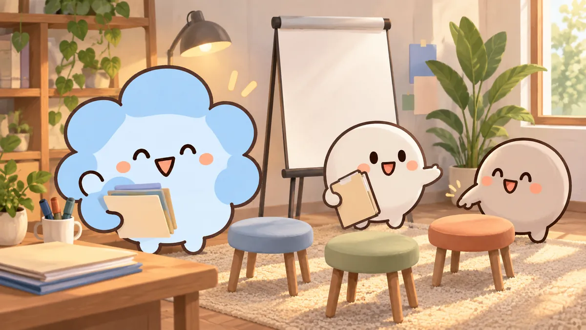 신입 교육 준비 자리에서 동료들의 의견을 듣고 질문 시간을 늘리는 ESFJ 마스코트