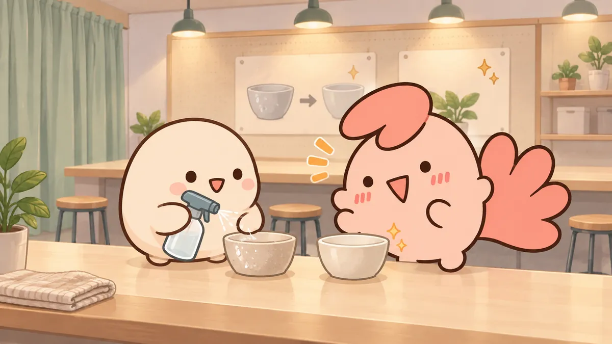 작은 시연 연습실에서 새 동료에게 도구를 보여주는 순서를 구체적으로 제안하는 ESFP 마스코트