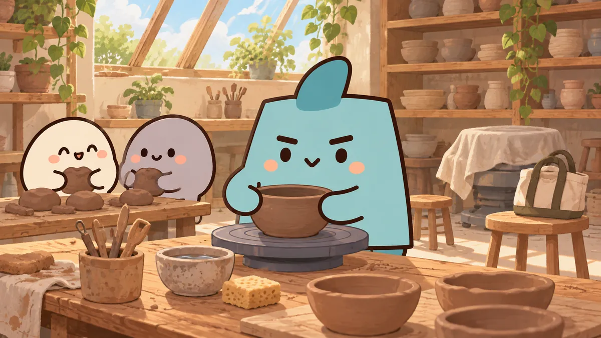 도예 공방에서 늦게 온 친구의 자리를 마련하고 함께 만들기를 시작하는 ESTJ 마스코트