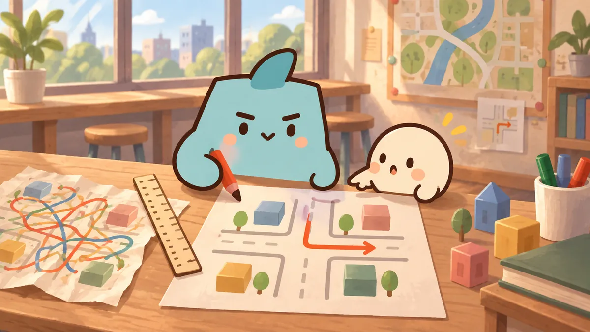 동네 지도 수업에서 짝의 의견을 듣고 복잡한 교차로 표시를 단순하게 고치는 ESTJ 마스코트