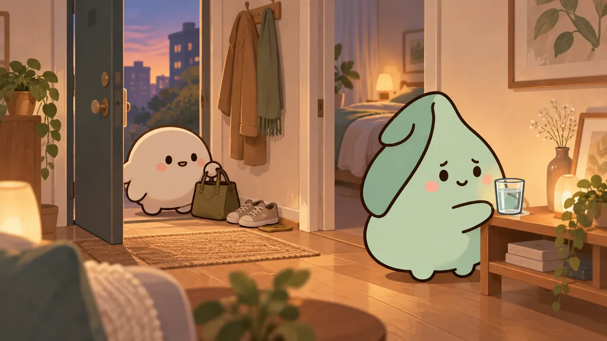 현관에 돌아온 가족에게 쉴 공간을 내어주고 물을 놓아두는 INFJ 마스코트