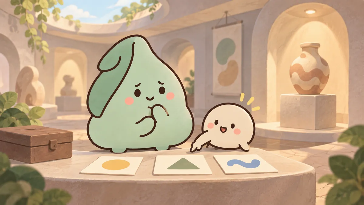 박물관 체험 공간에서 그림 안내 카드의 순서를 친구와 확인하는 INFJ 마스코트