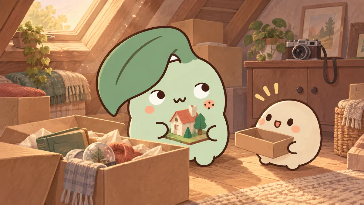 다락 수납장을 정리하며 추억이 담긴 종이 모형을 가족에게 보여주는 INFP 마스코트