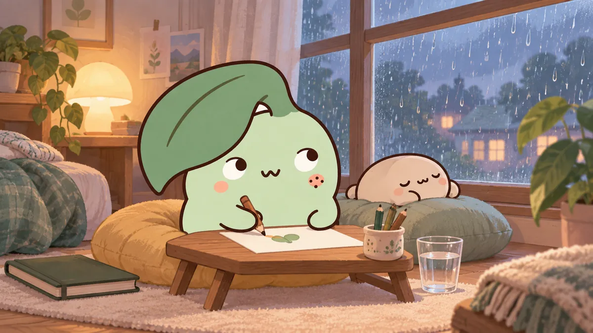비 오는 방에서 친구와 쉬다가 종이 한 장에 색을 칠해보는 INFP 마스코트