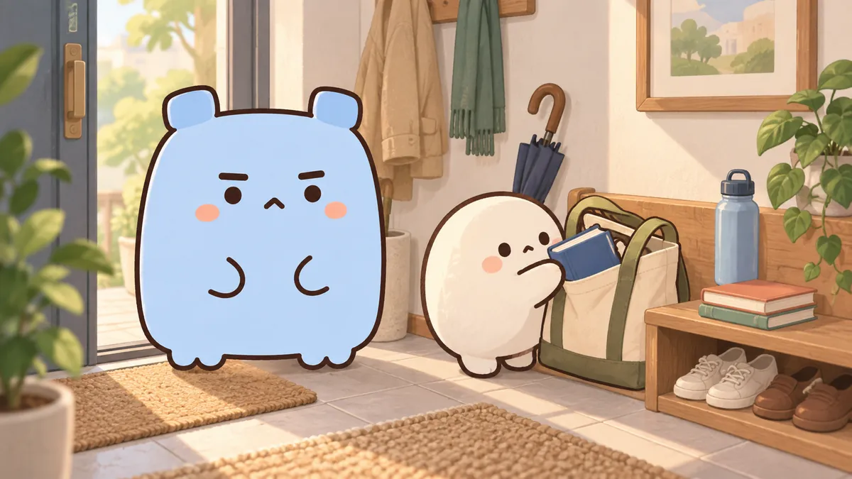 집 현관에서 조카가 도서관 가방을 스스로 챙기도록 기다려주는 ISTJ 마스코트