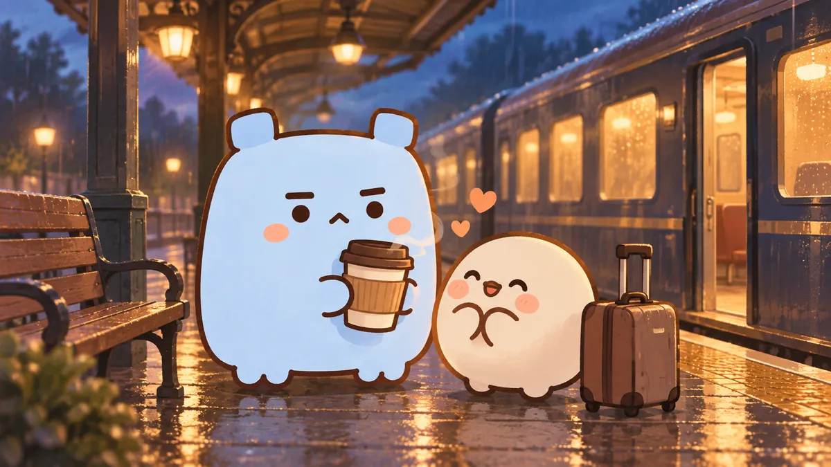 늦은 저녁 기차역 승강장에서 돌아온 연인에게 따뜻한 음료를 건네는 ISTJ 마스코트