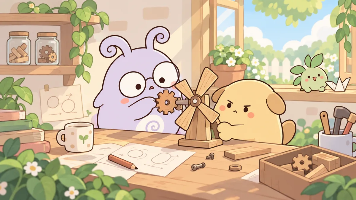 INTP 마스코트가 작업대에서 친구와 작은 풍차의 톱니 구조를 살펴보는 장면