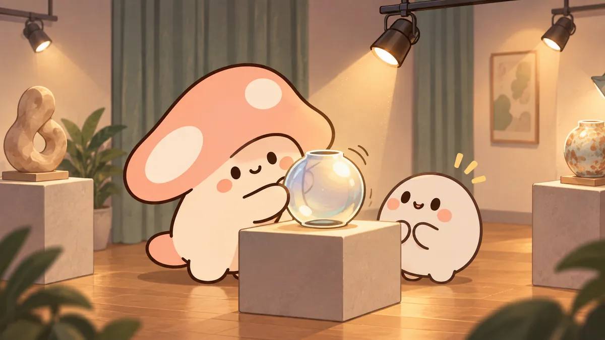 전시 준비 공간에서 동료와 관람 위치에 서서 물건의 빛 반사를 조정하는 ISFP 마스코트